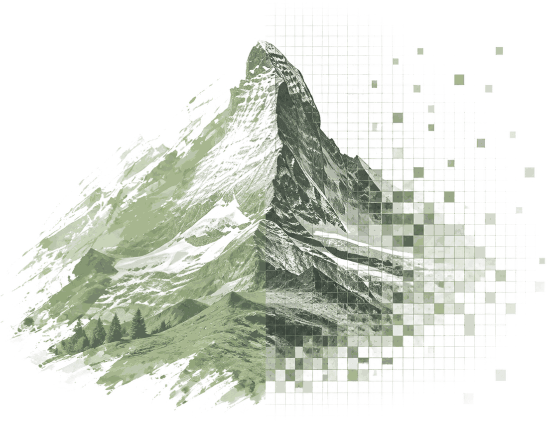 Illustration of the Matterhorn resolving into pixels